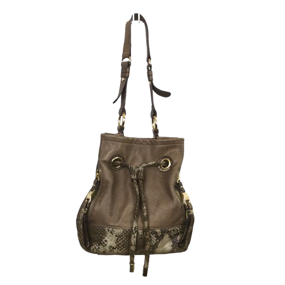 B Makowsy Y2K McBling Moto Boho Snake Embossed Leather Drawstring Bucket Bag